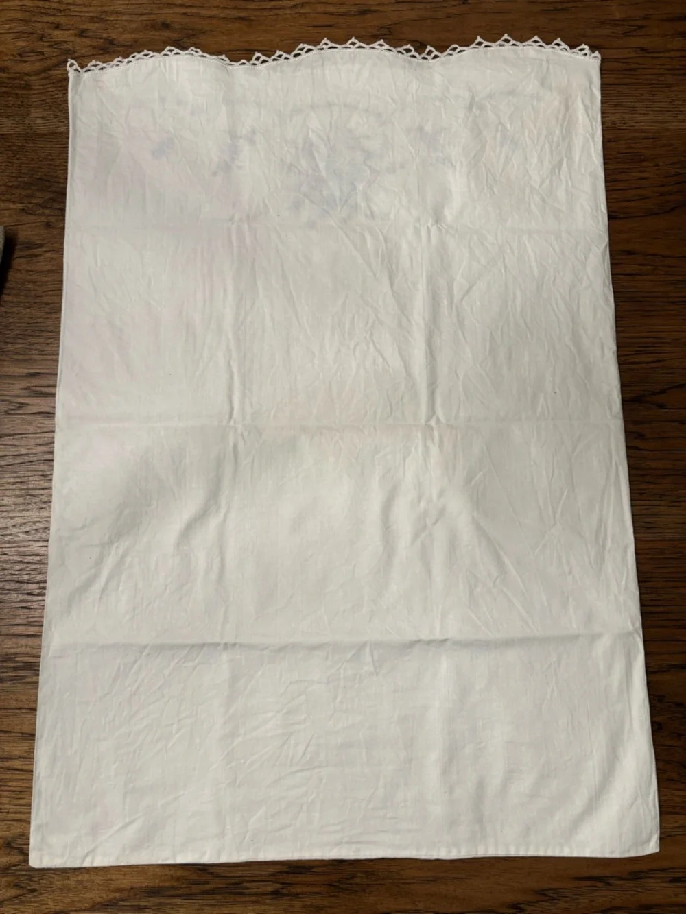Pair Vintage Hand Embroidered Cotton Pillowcases Blue Floral Cottage Heirloom